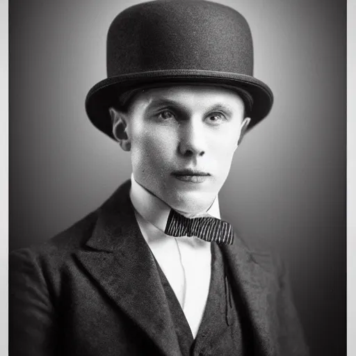 Prompt: A photograph portrait of Jerma985 wearing a bowler hat in the early 1920s, taken in the early 1920s, grainy, taken on a early 1900s Kodak Camera, realistic, hyperrealistic, very realistic, highly detailed, very detailed, extremely detailed, detailed, digital art, trending on artstation