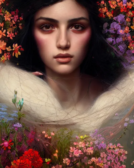 Image similar to portrait of a middle eastern girl, surrounded by flowers by karol bak, james jean, tom bagshaw, rococo, sharp focus, trending on artstation, cinematic lighting, hyper realism, octane render, 8 k, hyper detailed.