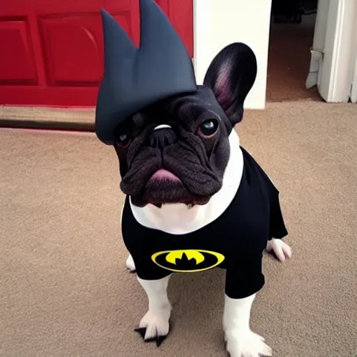 Prompt: white black french bulldog with a batman costume