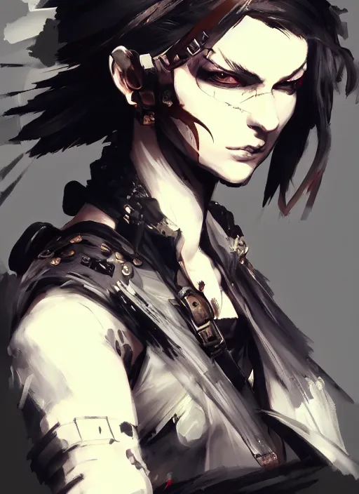 Prompt: Half body portrait of young woman with short hair and pirate attire. In style of Yoji Shinkawa and Hyung-tae Kim, trending on ArtStation, dark fantasy, great composition, concept art, highly detailed, dynamic pose.