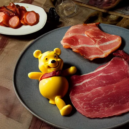 Prompt: close up of winnie the pooh with a plate of sausage and bacon and ham hock, cinematographic shot, cartoon