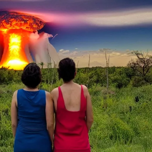 Prompt: a couple of women together watching a nuclear explosion in the distance