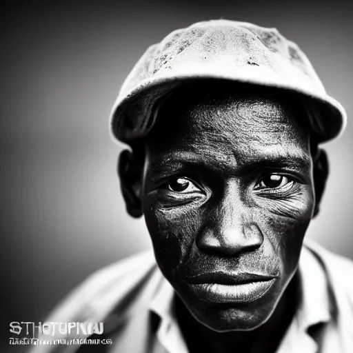 Prompt: black and white photo, portrait of Congo mineworker by Stephan vanfleteren, realistic, Leica, medium format, cinematic lighting, parallax, high resolution,