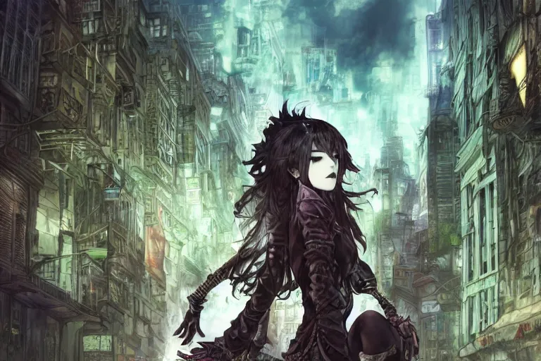 Image similar to goth woman in front of city, color page, tankoban, 4 k, tone mapping, akihiko yoshida, james jean andrei riabovitchev marc simonetti, yoshitaka amano, long hair, curly, h. hydrochaeri