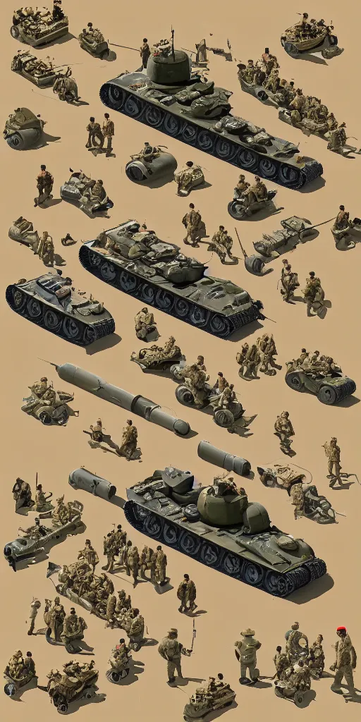 Prompt: one world war 2 tank in front of the soldiers, isometric view, hyperdetailed, digital art, cinematic light