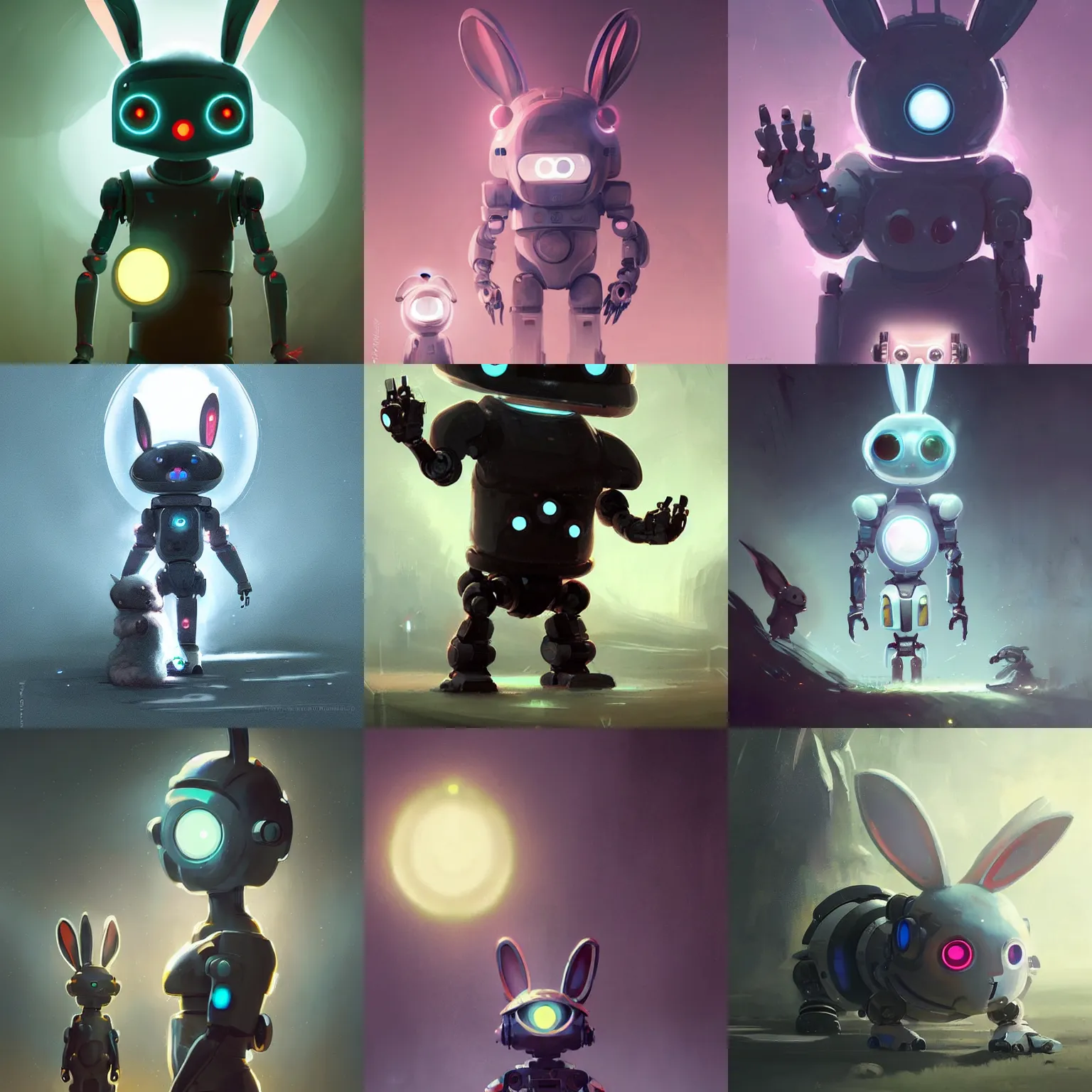 Prompt: cute robot child with big glowing eyes and big rabbit ears , big glowing belly , futuristic design by greg rutkowski