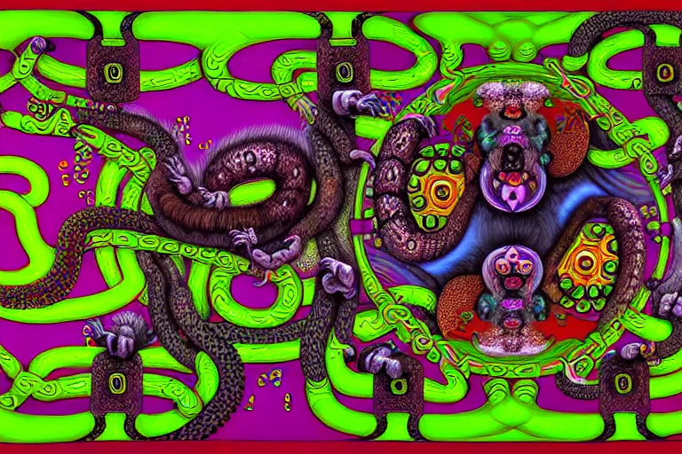 Image similar to a detailed digital art painting of a cell shaded cyberpunk ornate magick oni aztec ferret with occult futuristic effigy of a beautiful field of mushrooms that is a adorable lemur atomic latent snakes in between lizard biomorphic molecular psychedelic hallucinations in the style of escher, alex grey, stephen gammell inspired by realism, symbolism, magical realism and dark fantasy, crisp