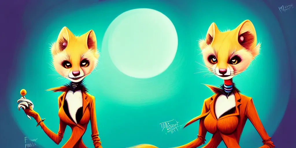 Image similar to curved perspective, extreme narrow, extreme fisheye, digital art of a female marten animal cartoon character wearing jewlery with blonde hairstyle by anton fadeev from nightmare before christmas