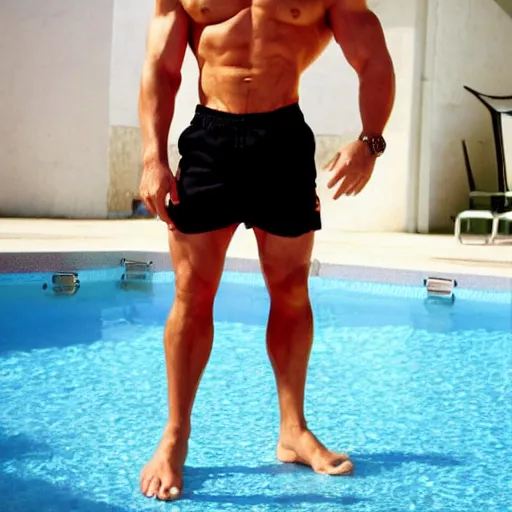 Image similar to a handsome muscular male fitness model with blonde hair, chris redfield, who is a male android, muscular, wearing a cut - off pink top and short light orange shorts, stands by a swimming pool