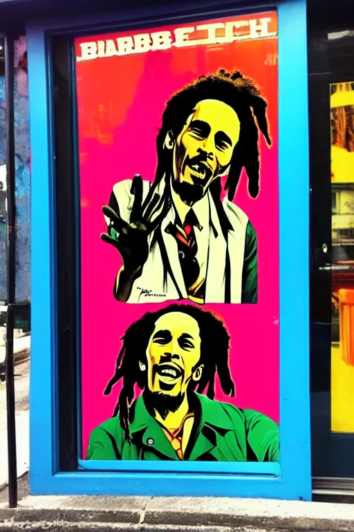 Image similar to bob marley sittin in front of barber shop!!! pop art, pixel, bioshock, gta chinatown, artgerm, richard hamilton, mimmo rottela, julian opie, aya takano, avoid duplicate!!!, avoid redudance!!!