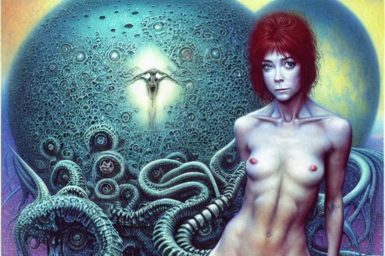 Image similar to cute young alyson hannigan with short hairs on lovecraftian planet by jean delville by luis royo and wayne barlowe, beksinski