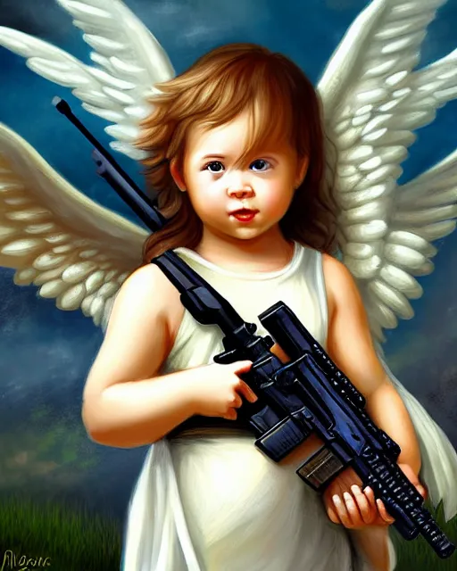 Prompt: fantasy art of a baby angel with m 4 a 4, haven