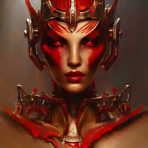 Image similar to attractive demon queen with crown and red eyes as an i robot, painting by gaston bussiere, craig mullins, luis rollo, torso portrait, digital painting, highly detailed, artstation, sharp focus, illustration, concept art, hd