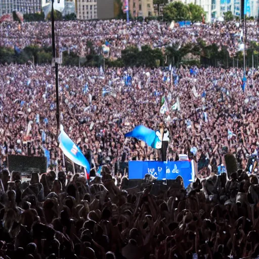 Image similar to Lady Gaga as president, Argentina presidential rally, Argentine flags behind, bokeh, giving a speech, detailed face, Argentina