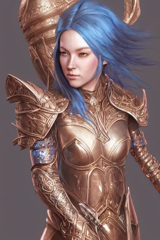 Prompt: a beautiful and highly detailed digital illustration of a female elven paladin with blue hair in rose gold armor, a digital painting by lu ji and karol bak, cgsociety, fantasy art, cryengine, concept art, photorealism, daz 3 d, sketchfab, zbrush