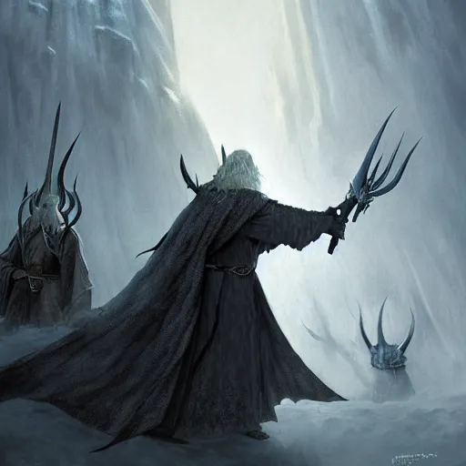 Image similar to gandalf the white facing the witch - king of angmar by marc simonetti