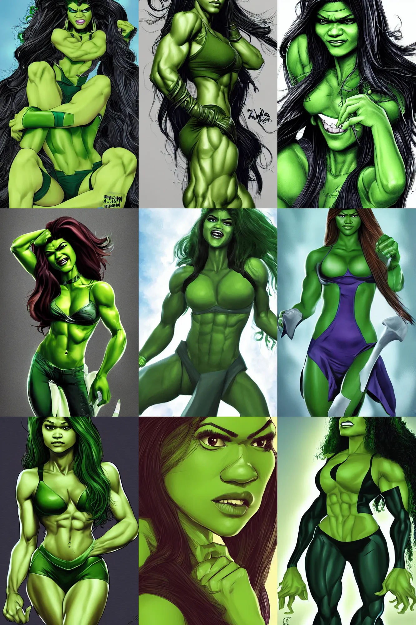 Prompt: Zendaya as She-Hulk, long hair, stunning appealing figure, alt fanart realistic illustration by Kim Sung Hwan beautiful