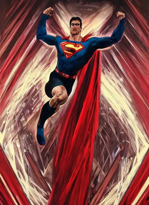 Image similar to symmetry! portrait of crossfit bodybuilder sprinter superman, red spike aura in motion, red and black costume, painted art by tsuyoshi nagano, greg rutkowski, artgerm, alphonse mucha, spike painting