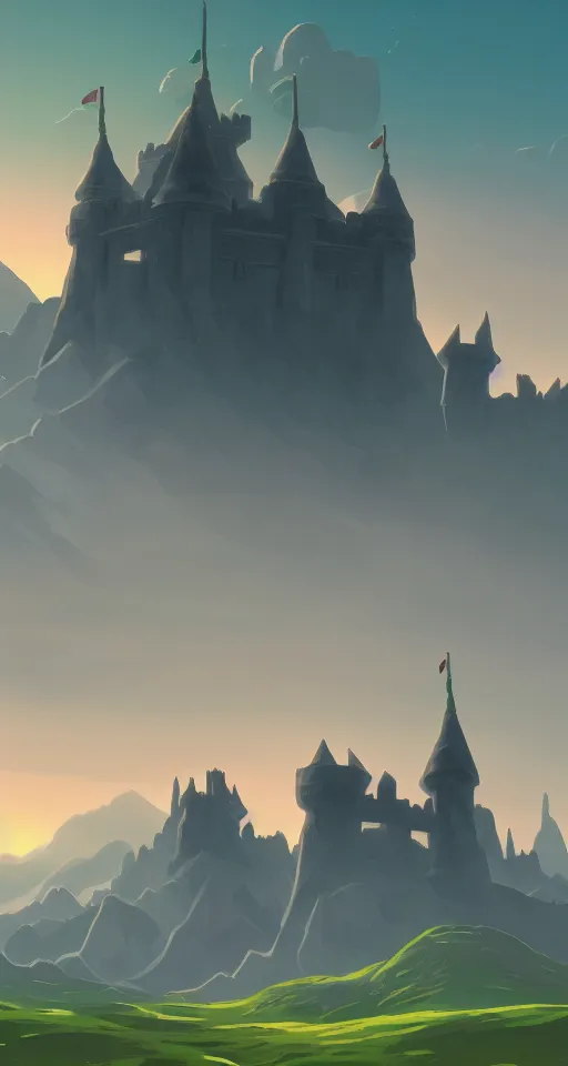 Image similar to hyrule castle, horizon, minimalist wallpaper, dark background, desktop background, behance, artstation, deviantart