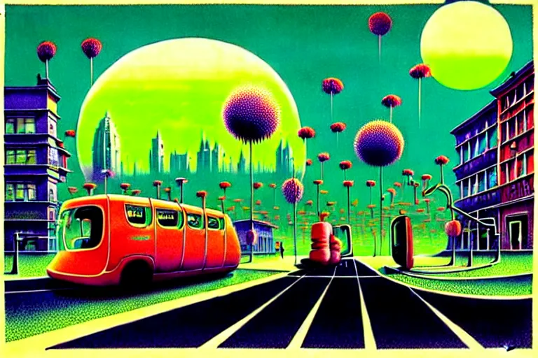Image similar to surreal glimpse into other universe, city transportation by tesla incorporation, summer morning, very coherent and colorful high contrast, art by!!!! gediminas pranckevicius!!!!, geof darrow, floralpunk screen printing woodblock, dark shadows, hard lighting, stipple brush technique,