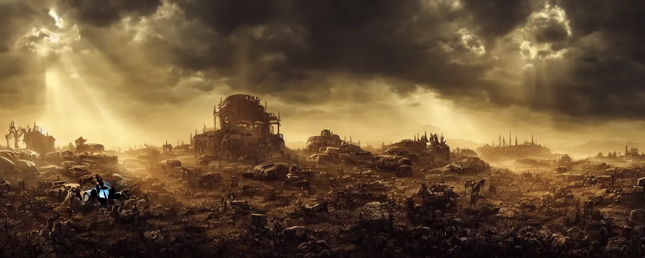 Image similar to post-apocalyptic landscape with skulls everywhere, beautiful clouds, sunrays, cinematic, cineovision