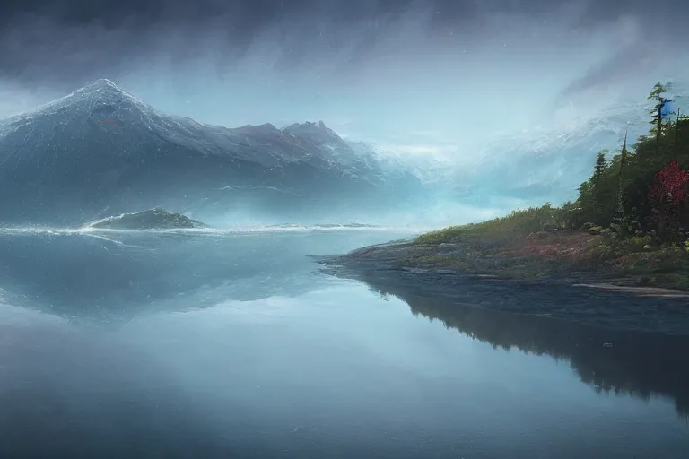 Prompt: an upside down mountain in the water by jessica rossier