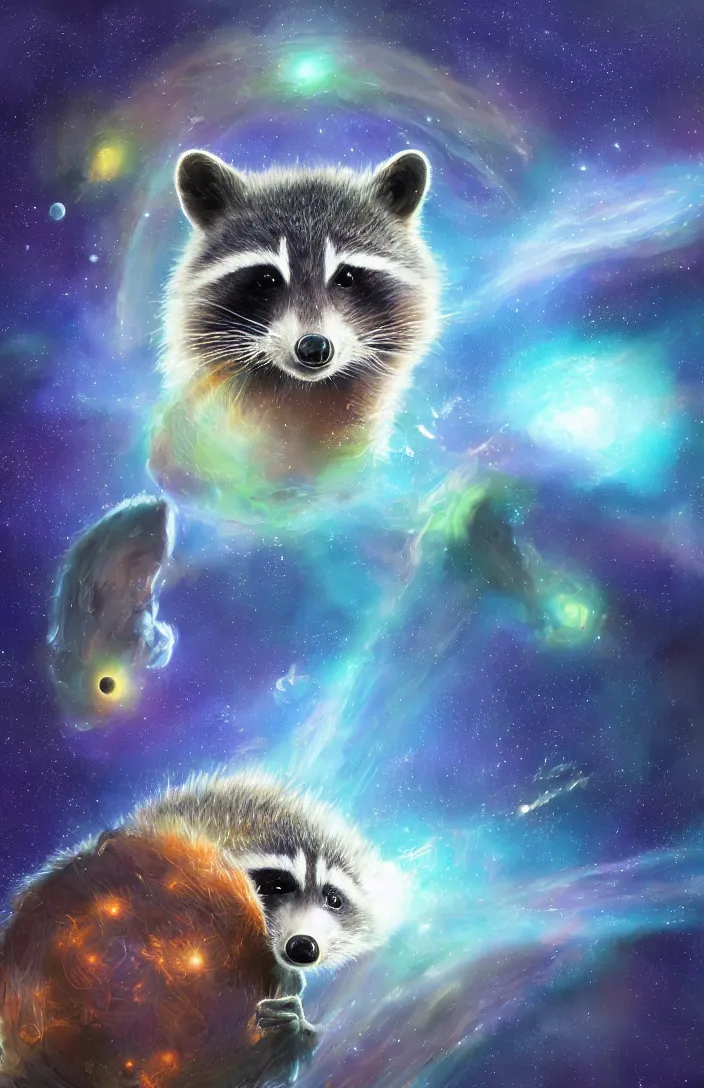 Image similar to A digital concept art painting a space cosmic racoon in the stars, space art concept