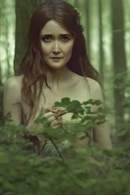Image similar to A beautiful fairy princess(looking like Rose Byrne), in a dark forest, telephoto close up, cool tones, underexposed, overecast, mysterious matte painting by greg rutkowski and marc simonetti and Ivan Shishkin and christophe Vacher, 4k