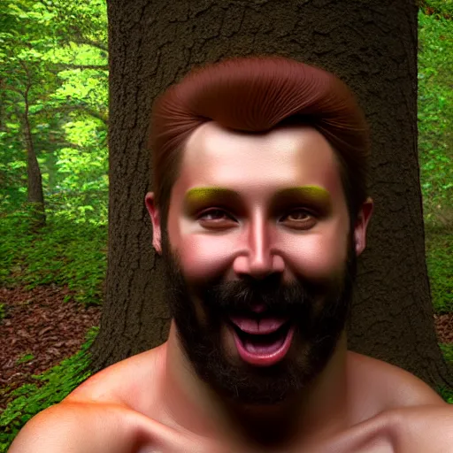 Image similar to hyperrealistic portrait of ecstatic horned god pan in a forest, tom of finland, bouguereau, octane render, 3 d