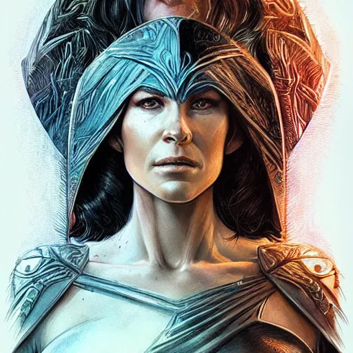 Prompt: evangeline Lilly as a priestess calling down thunder, symmetrical, smooth, sharp focus, art by magali villeneuve and art germ, concept art, very high quality, detailed face