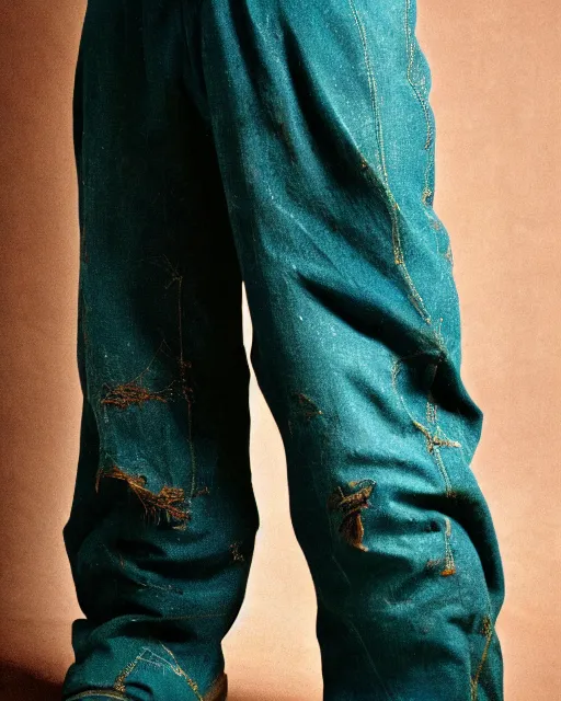 Prompt: a closeup photo of a ancient male model wearing a teal boot cut flared distressed medieval designer menswear trousers designed by kapital, 4 k, studio lighting, wide angle lens, 2 0 0 4