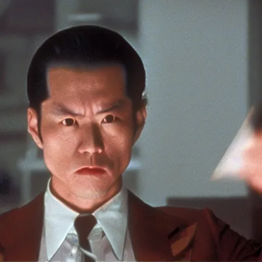 Prompt: a film still of kosaku kawajiri in American Psycho(2000)