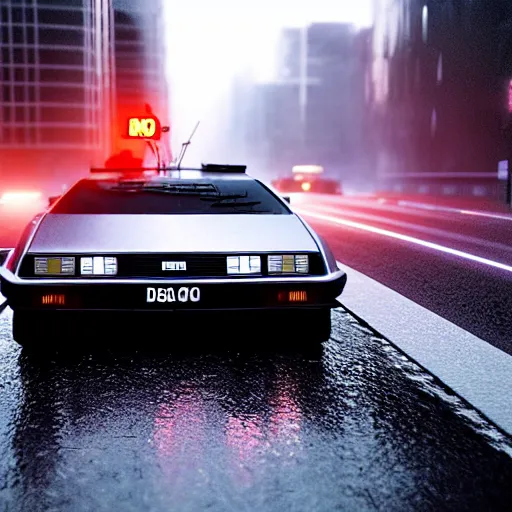 Image similar to hyperdetailed, photorealistic photograph of a dmc 1 2 delorean driving in the streets, rain, night, dense fog, hd, unreal engine 5