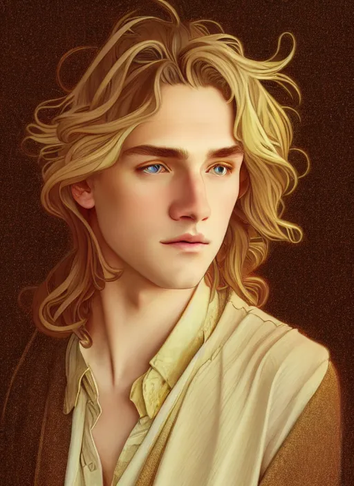 Image similar to pretty young man with shoulder length shiny sparkly golden blond hair, path traced, highly detailed, high quality, digital painting, by studio ghibli and alphonse mucha, leesha hannigan, disney