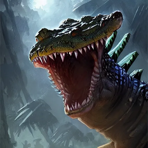 Image similar to a crocodile warrior, by greg rutkowski, magic the gathering,