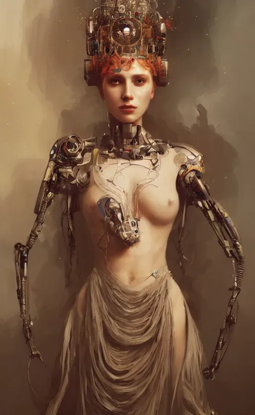 Image similar to a beautiful painting of a crowned robotic cyberpunk princess with stunning face in a flowing gown, intricate, elegant, highly detailed, digital painting, artstation, concept art, by krenz cushart and artem demura and william adolph bouguereau