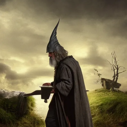 Image similar to the evil ian mckellen smithing on an anvil as gandalf in a dark viking hood playing odin all father crafting the plant of life with vines sprouting from the anvil, highly detailed, cinematic shot, cinematic lighting, 8 k, exquisit facial detail, magical realism painting, chiaroscuro, dark painting.