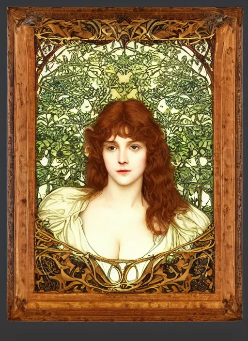 Image similar to masterpiece beautiful seductive flowing curves preraphaelite face portrait photography, extreme close up shot, straight bangs, thick set features, yellow ochre ornate medieval dress, laying amongst foliage mushroom forest circle arch, william morris and kilian eng and mucha, framed, 4 k