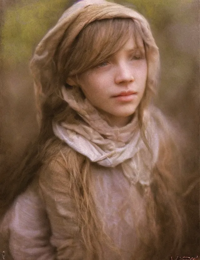 Image similar to shy and modest peasant girl long hair portrait, cottage core, cinematic focus, polaroid photo bleached vintage pastel colors high - key lighting, soft lights, foggy, by steve hanks, by lisa yuskavage, by serov valentin, by tarkovsky, 8 k render, detailed, oil on canvas