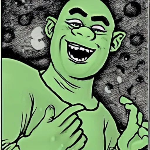 Prompt: Shrek in a manga, style of junji ito