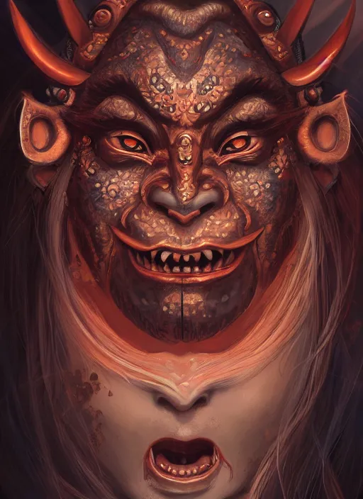 Image similar to a beautiful detailed oil on copper art illustration of a oni hannya mask shogun devil woman, centered, by charlie bowater, zeng fanzh, trending on artstation, dim dusk lighting, cinematic lighting, detailed lighting, volumetric lighting, realistic, f 8, 4 k hd wallpaper