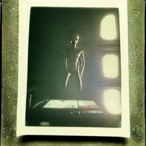 Image similar to Alien-grey caught on camera basement polaroid photo 90s out of focus grimy