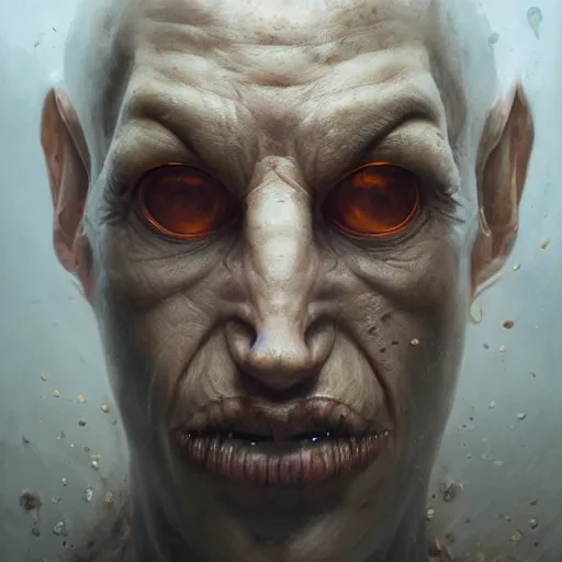 Image similar to Face of a pale alien cultist, intimidating man, large fish eyes, high forehead, smooth waxy skin, slick clammy skin, ominous, eldritch. oil painting by nuri iyem, james gurney, james jean, greg rutkowski, highly detailed, soft lighting, chiaroscuro