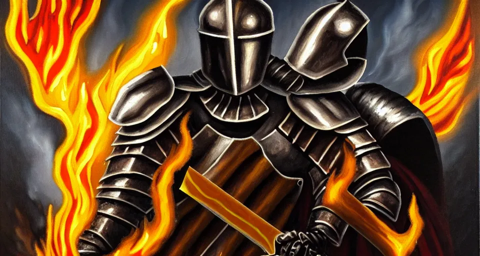 Image similar to An oil painting of a knight in dark metal armor wielding a flaming sword