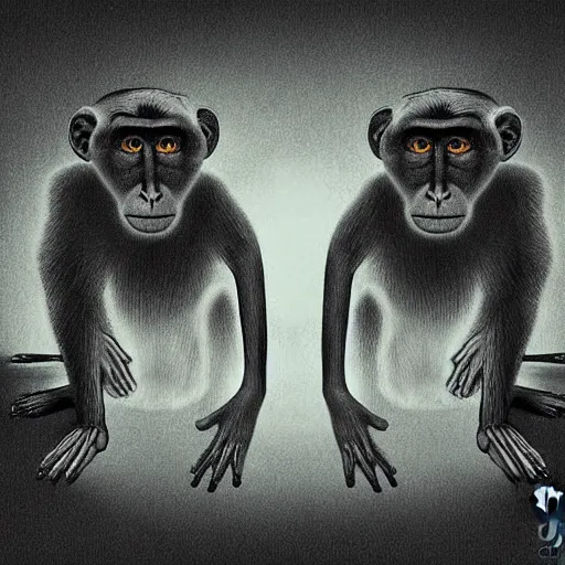 Image similar to two macaques looking at each other inside victorian mansion, digital art, soft shadows, creepy art, sun flare