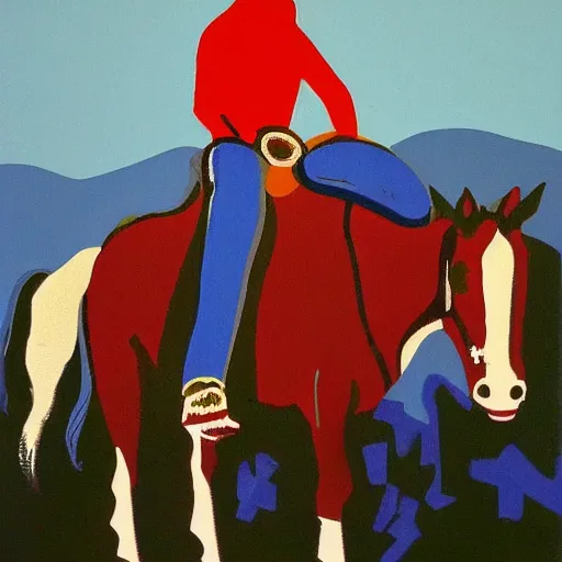 Prompt: cowboy sitting on a horse. serigraph