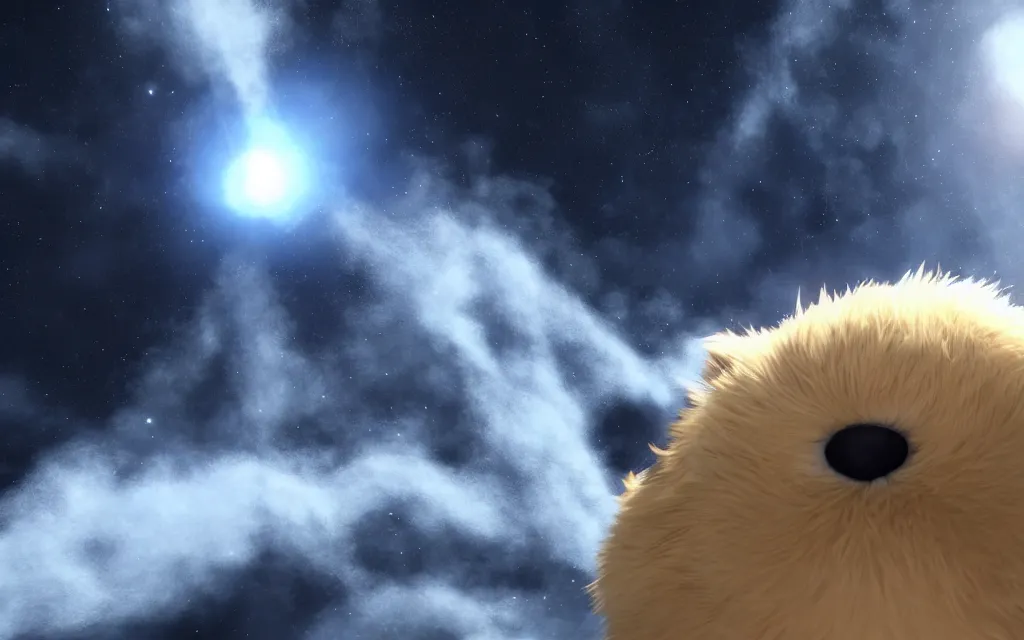 Image similar to furry fluffy ball floating in space, closeup, highly detailed, unreal engine
