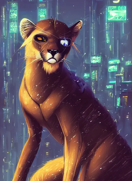 Image similar to award winning beautiful portrait commission of a male furry anthro mountain lion fursona with a tail and a cute beautiful attractive detailed furry face wearing stylish black and gold cyberpunk clothes in a cyberpunk city at night while it rains. Character design by charlie bowater, ross tran, artgerm, and makoto shinkai, detailed, inked, western comic book art
