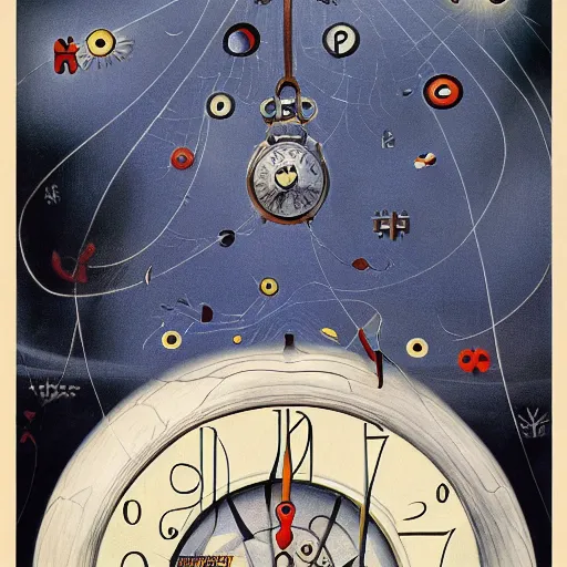 Image similar to futuristic abyssal 1 9 2 0's reservoir fractal warbler clock palm courtyard, by joan miro and monsu desiderio and anton pieck, movie poster, lowbrow, trending on cgsociety