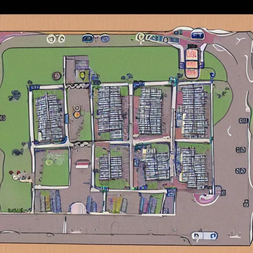Image similar to a town map with town hall and playground sketches